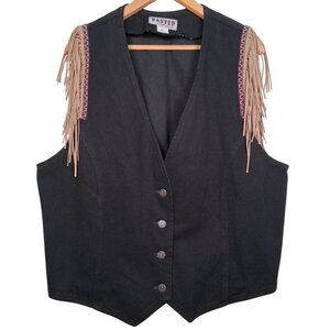 Vintage Western Wear Vest Women XL Wanted Beads Beautiful Fringe Black Denim USA